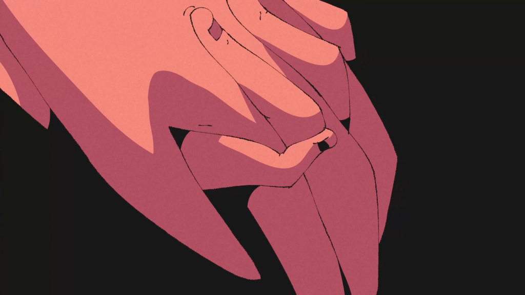 A still from Raffaele Gabrielli‘s “The Red Pen” — two animated pink hands in a black background
