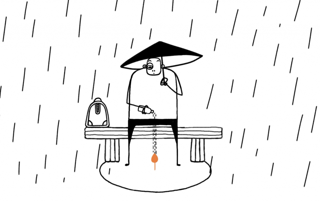 A still from Yige Yang‘s “Blinded by Love” — a black and white animated image of a man with an umbrella, watering a pink plant during rain