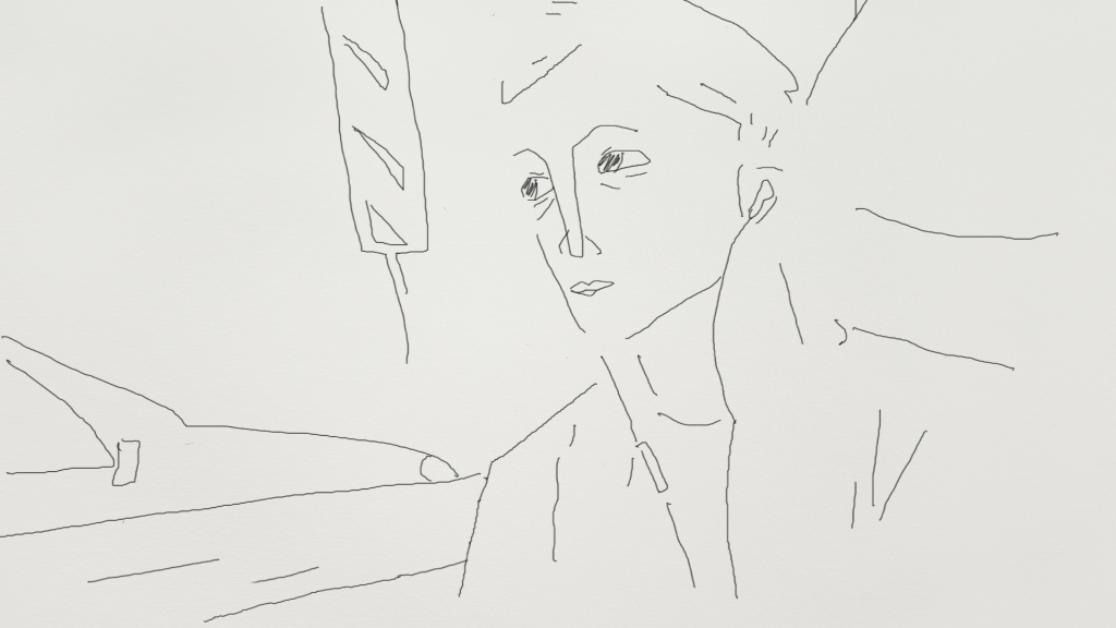 A still from Georgia Bardi‘s “Matti‘s Story” — a line drawing of a boy looking through the window of a bus