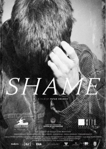 Film poster of Shame. A black and white image of a boy with his head down and his hand over his face.